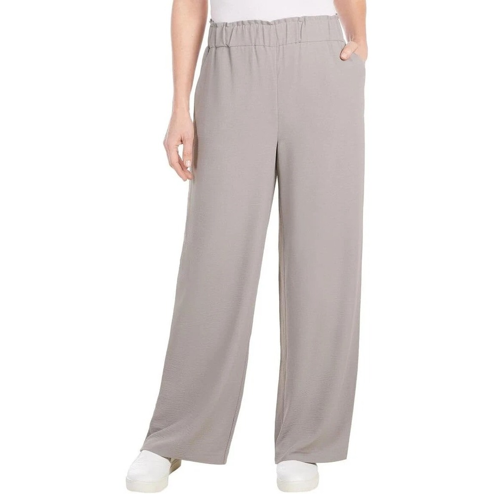 Hilary Radley Women's Wide Leg Crinkle Pants with Elastic Waistband, Grey, Large